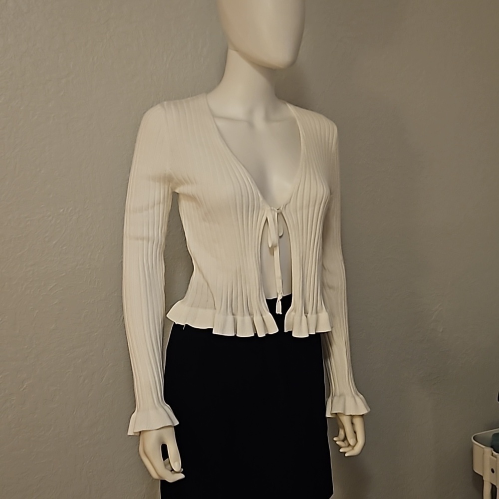 IT'S OUR TIME White Ribbed Ruffle Bow Tie Cardigan Castlecore Sweater Medium - Picture 2 of 7